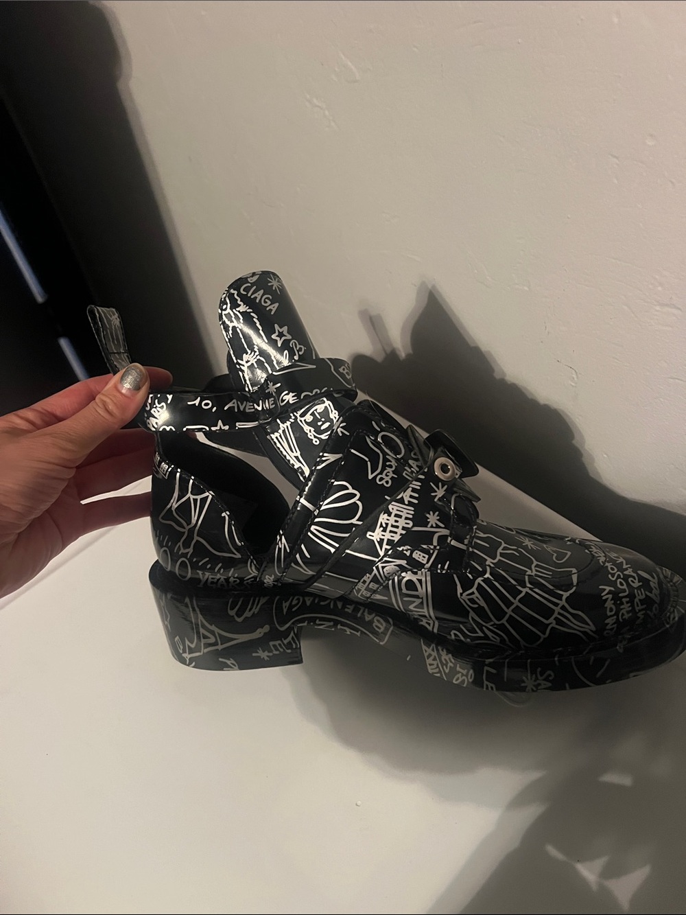 Balenciaga Black & White Graffiti Leather Ankle Shoes - Picture 2 of 12
